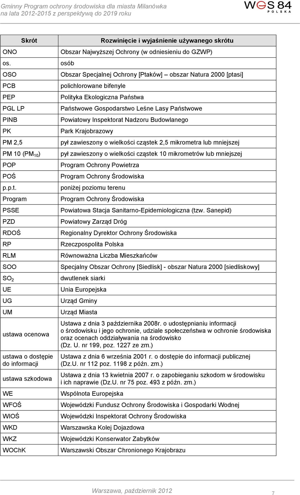 Program PSSE PZD RDOŚ RP RLM SOO SO 2 UE UG UM ustawa ocenowa ustawa o dostępie do informacji ustawa szkodowa WE WFOŚ WIOŚ WKD WKZ WOChK Rozwinięcie i wyjaśnienie używanego skrótu Obszar Najwyższej