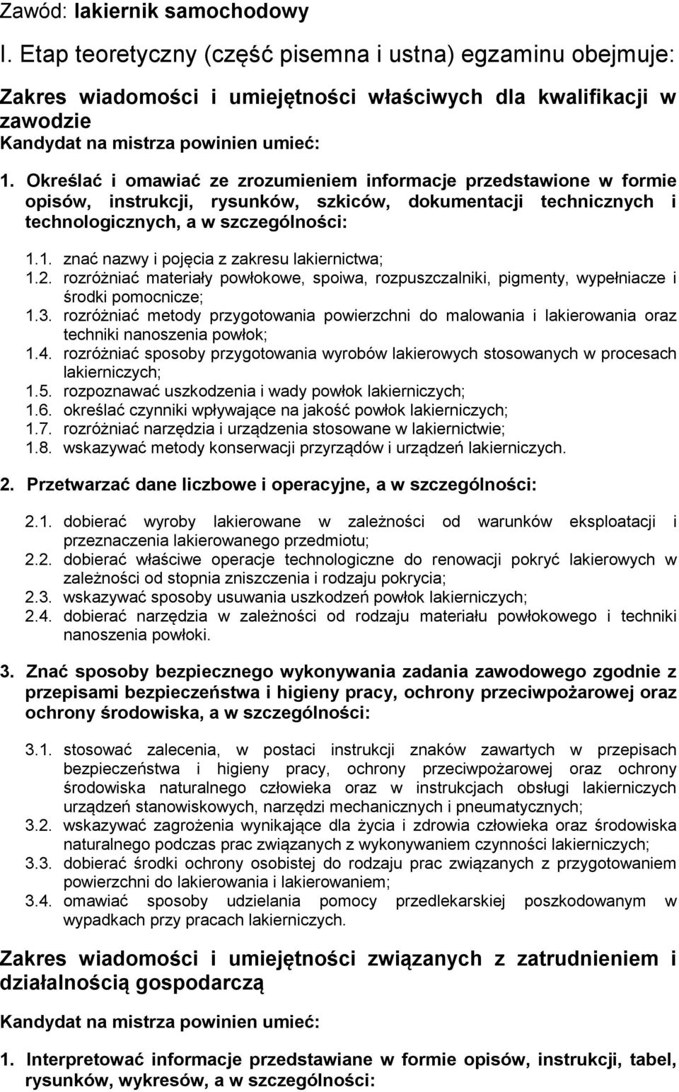 1. znać nazwy i pojęcia z zakresu lakiernictwa; 1.2. rozróżniać materiały powłokowe, spoiwa, rozpuszczalniki, pigmenty, wypełniacze i środki pomocnicze; 1.3.