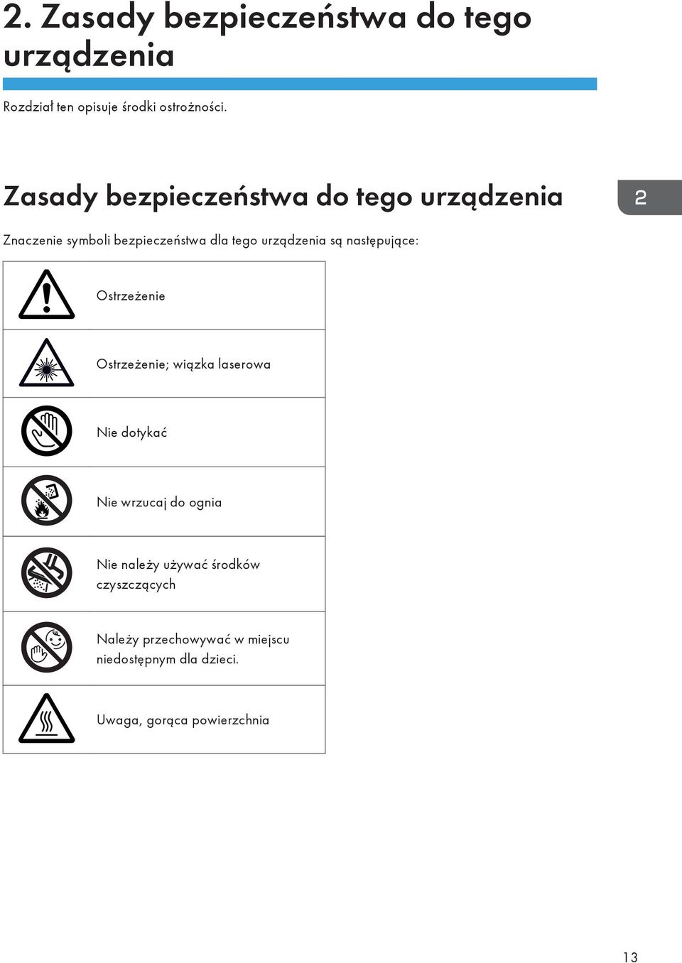 następujące: Ostrzeżenie Ostrzeżenie; wiązka laserowa Nie dotykać Nie wrzucaj do ognia Nie należy