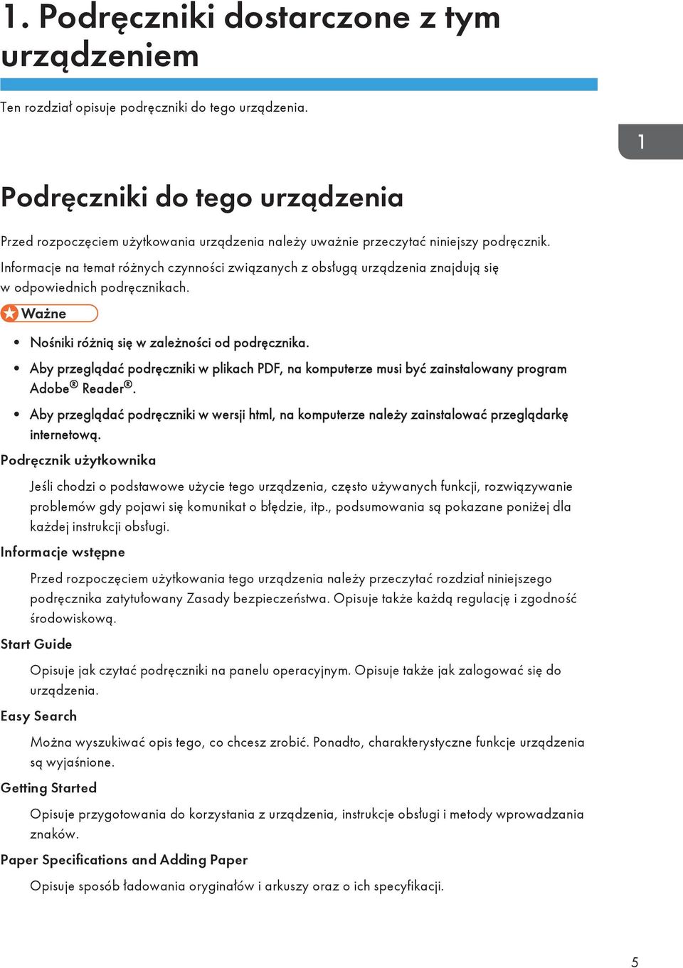 Informacje na temat różnych czynności związanych z obsługą urządzenia znajdują się w odpowiednich podręcznikach. Nośniki różnią się w zależności od podręcznika.