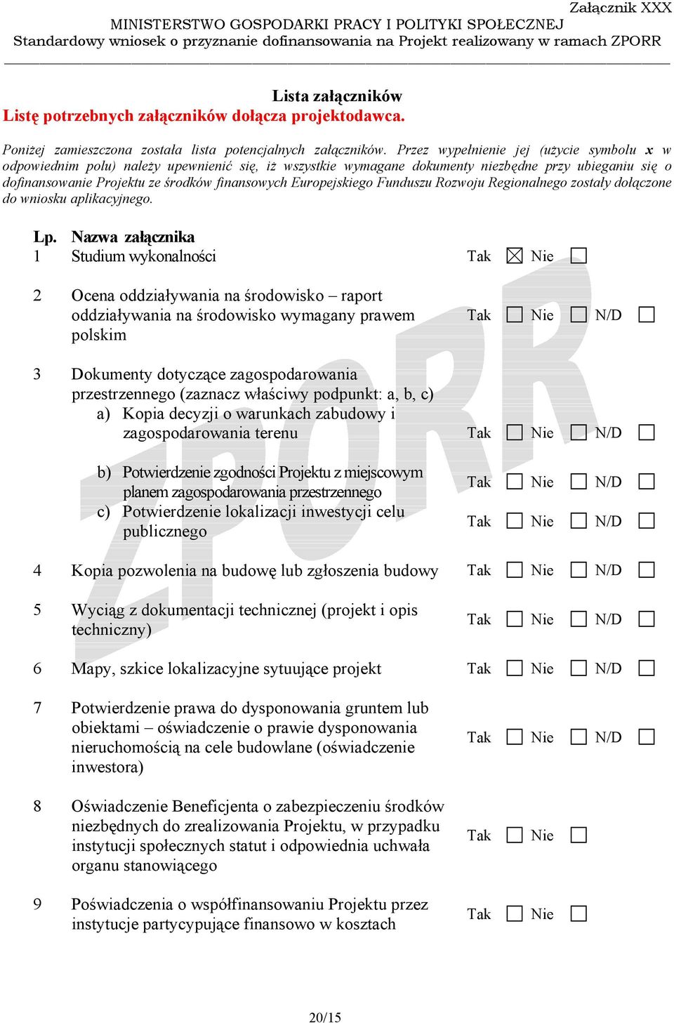 Europejskiego Funduszu Rozwoju Regionalnego zostały dołączone do wniosku aplikacyjnego. Lp.