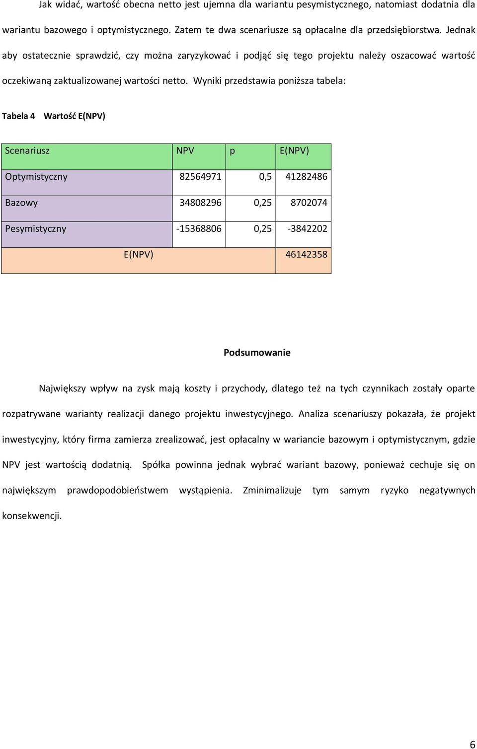 Wyniki przedstawia poniższa tabela: Tabela 4 Wartość E(NPV) Scenariusz NPV p E(NPV) Optymistyczny 82564971 0,5 41282486 Bazowy 34808296 0,25 8702074 Pesymistyczny -15368806 0,25-3842202 E(NPV)