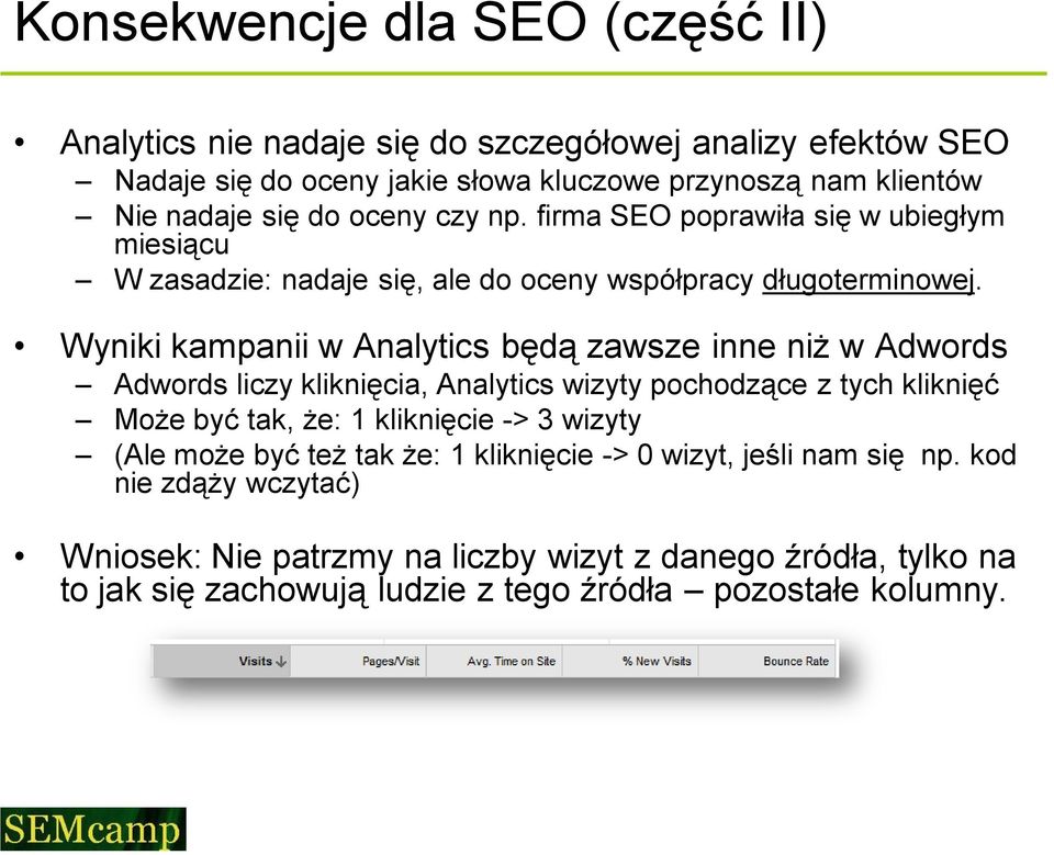 Wyniki kampanii w Analytics będą zawsze inne niż w Adwords Adwords liczy kliknięcia, Analytics wizyty pochodzące z tych kliknięć Może być tak, że: 1 kliknięcie -> 3 wizyty