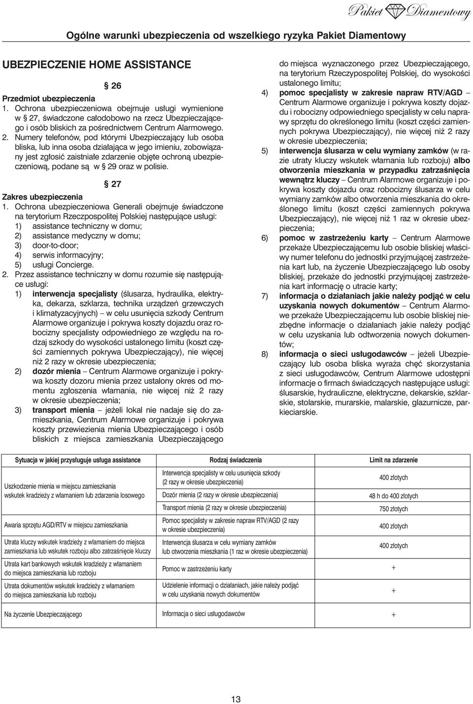 , Êwiadczone ca odobowo na rzecz Ubezpieczajàcego i osób bliskich za poêrednictwem Centrum Alarmowego. 2.