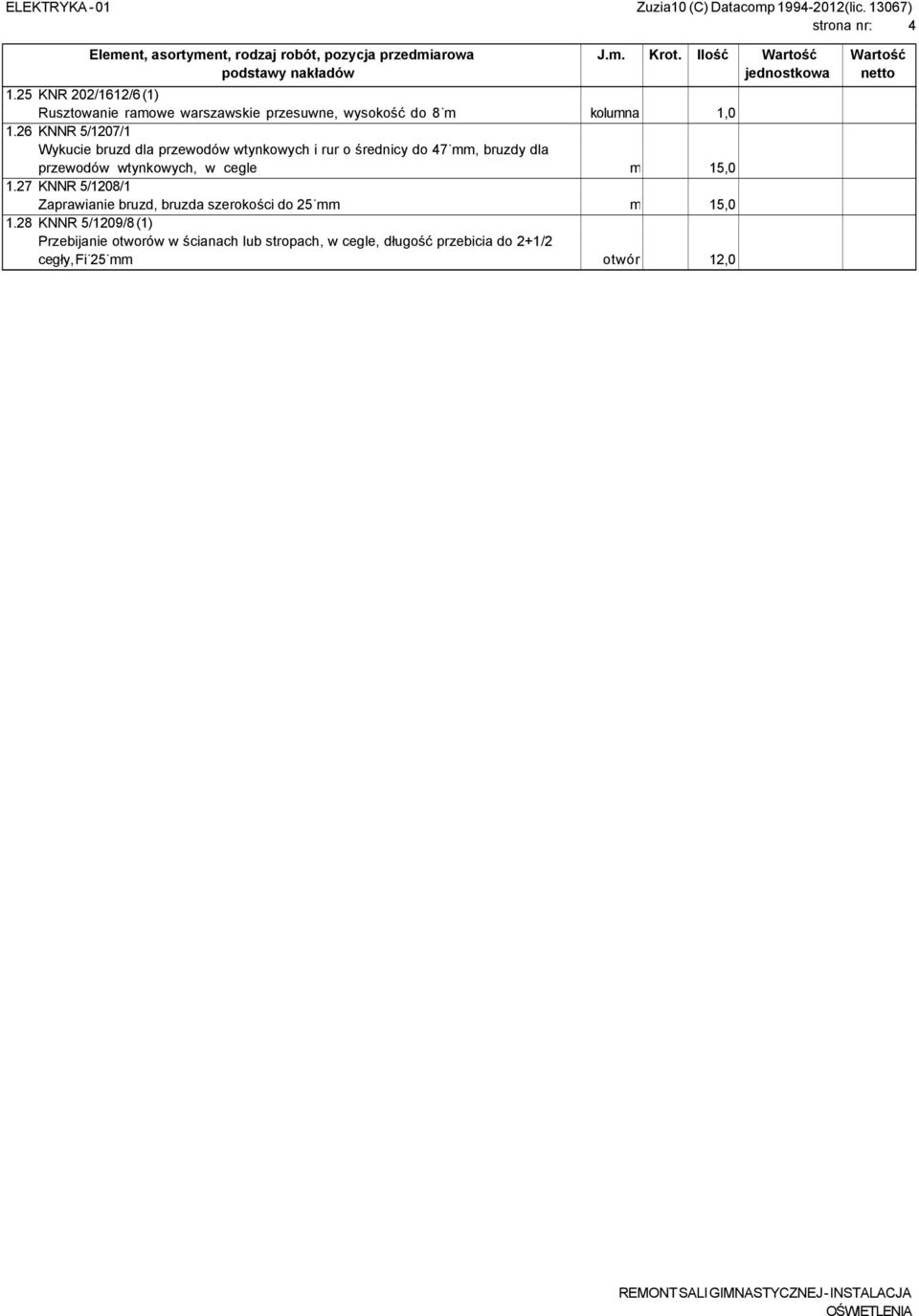 26 KNNR 5/1207/1 Wykucie bruzd dla przewodów wtynkowych i rur o średnicy do 47 mm, bruzdy dla przewodów wtynkowych, w cegle m 15,0 1.