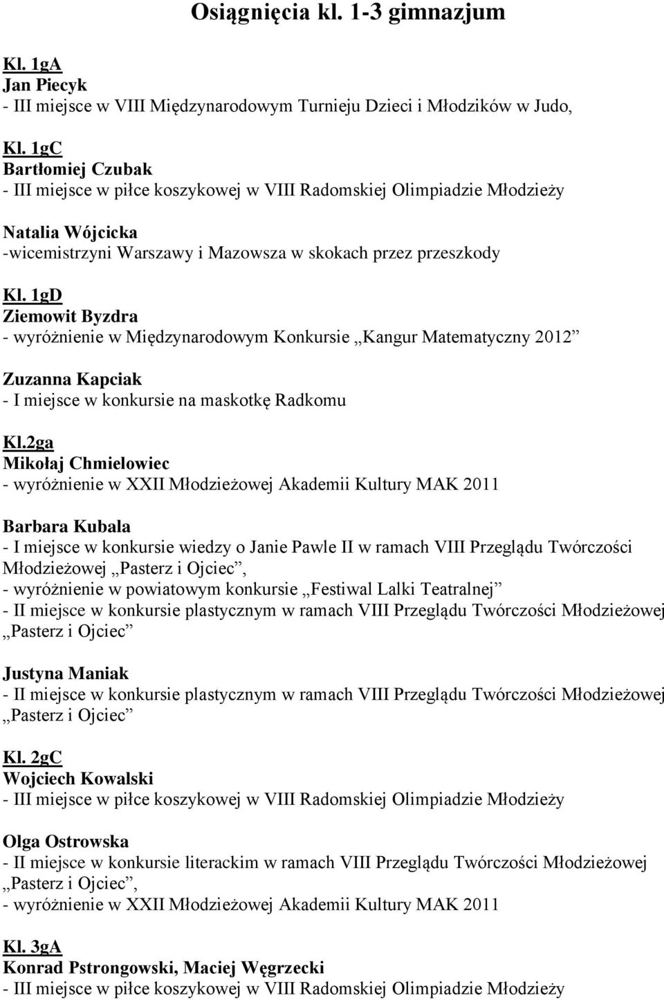 2ga Mikołaj Chmielowiec - wyróżnienie w XXII Młodzieżowej Akademii Kultury MAK 2011 Barbara Kubala - I miejsce w konkursie wiedzy o Janie Pawle II w ramach VIII Przeglądu Twórczości Młodzieżowej, -