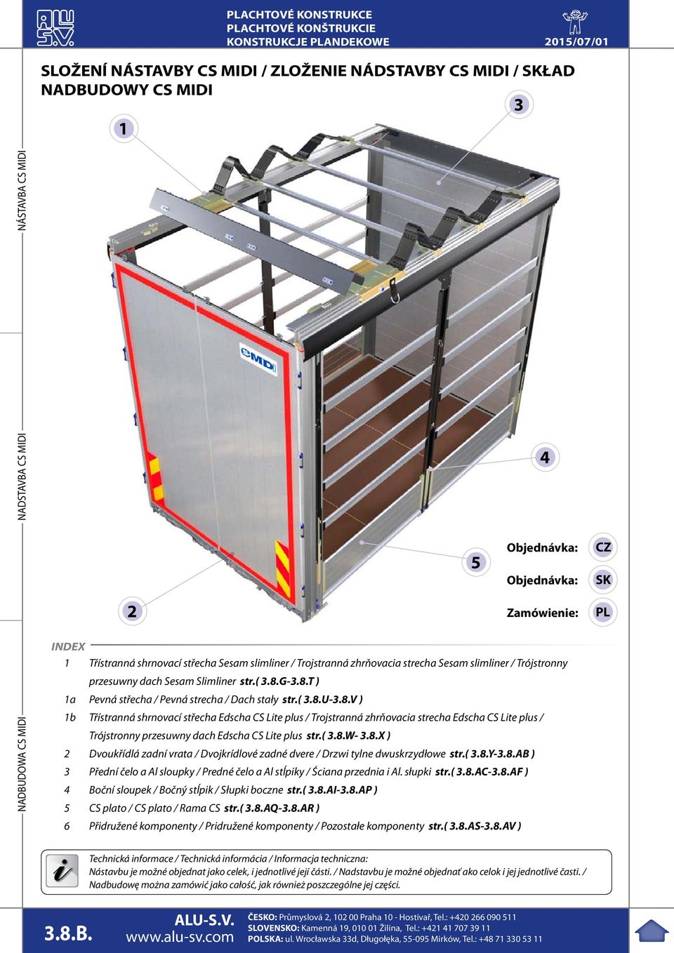 G-3.8.T ) 1a Pevná střecha / Pevná strecha / Dach stały str.( 3.8.U-3.8.V ) 1b Třístranná shrnovací střecha Edscha CS Lite plus / Trojstranná zhrňovacia strecha Edscha CS Lite plus / Trójstronny przesuwny dach Edscha CS Lite plus str.
