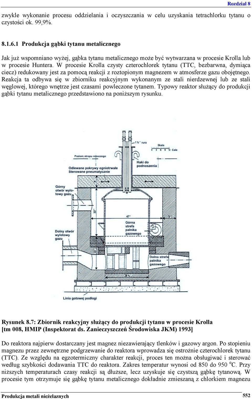 W procesie Krolla czysty czterochlorek tytanu (TTC, bezbarwna, dymiąca ciecz) redukowany jest za pomocą reakcji z roztopionym magnezem w atmosferze gazu obojętnego.