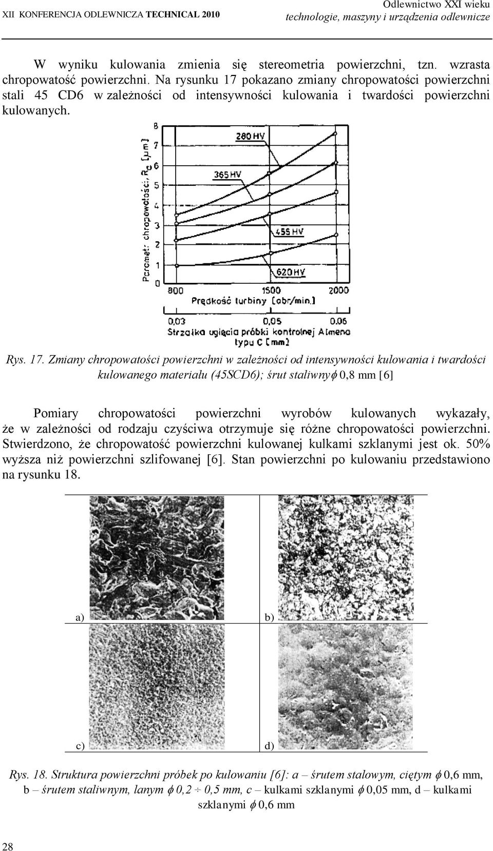 pokazano zmiany chropowatości powierzchni stali 45 CD6 w zależności od intensywności kulowania i twardości powierzchni kulowanych. Rys. 17.