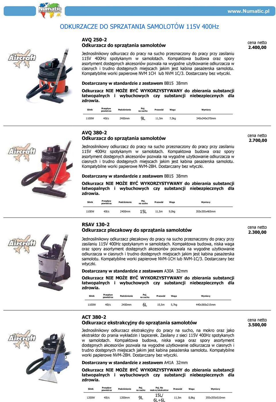 Kompatybilne worki papierowe NVM 1CH lub NVM 1C/3. Dostarczany bez wtyczki. 2.