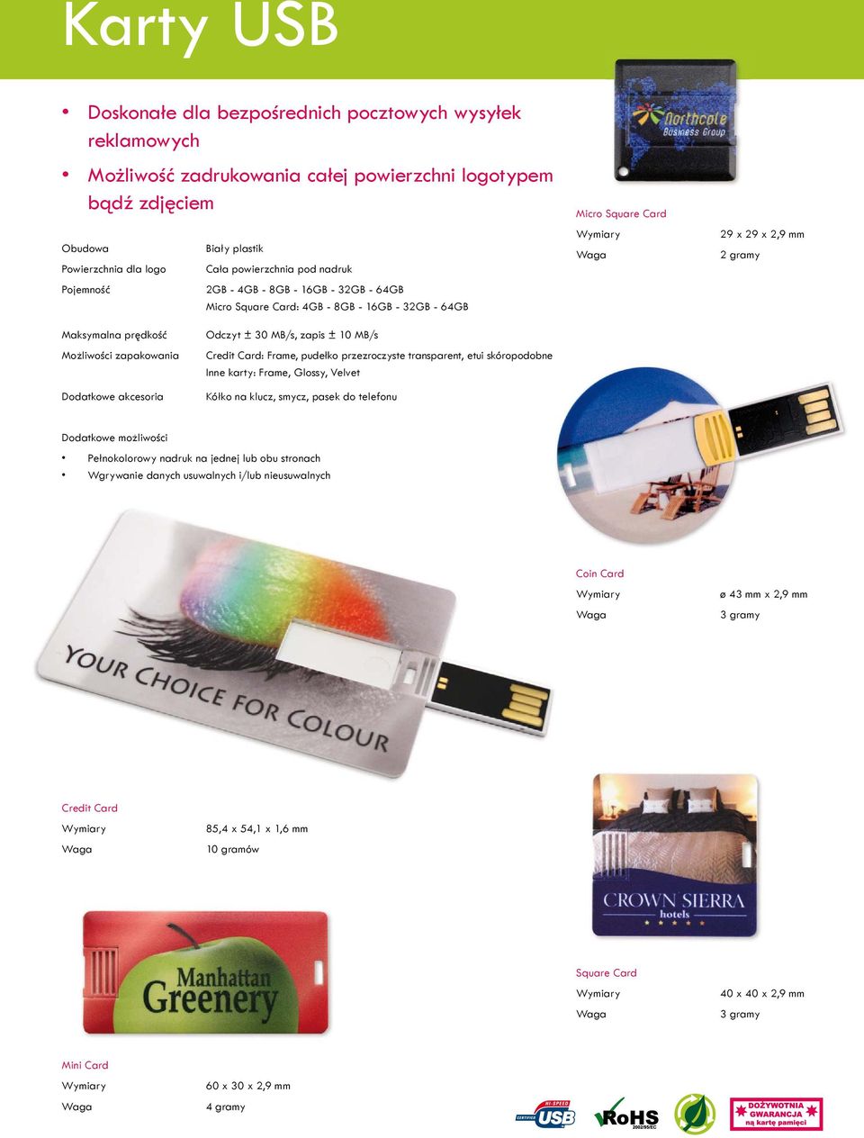 Dodatkowe akcesoria Odczyt ± 30 MB/s, zapis ± 10 MB/s Credit Card: Frame, pudełko przezroczyste transparent, etui skóropodobne Inne karty: Frame, Glossy, Velvet Kółko na klucz, smycz, pasek do