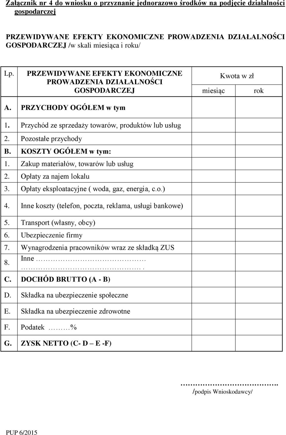 KOSZTY OGÓŁEM w tym: 1. Zakup materiałów, towarów lub usług 2. Opłaty za najem lokalu 3. Opłaty eksploatacyjne ( woda, gaz, energia, c.o.) 4. Inne koszty (telefon, poczta, reklama, usługi bankowe) 5.