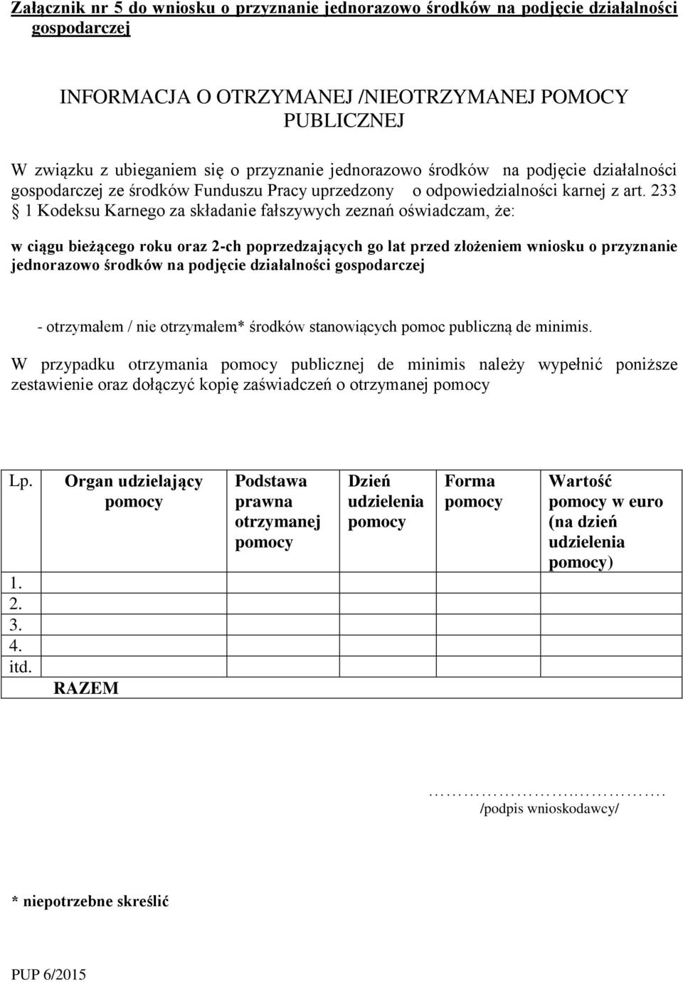 233 1 Kodeksu Karnego za składanie fałszywych zeznań oświadczam, że: w ciągu bieżącego roku oraz 2-ch poprzedzających go lat przed złożeniem wniosku o przyznanie jednorazowo środków na podjęcie