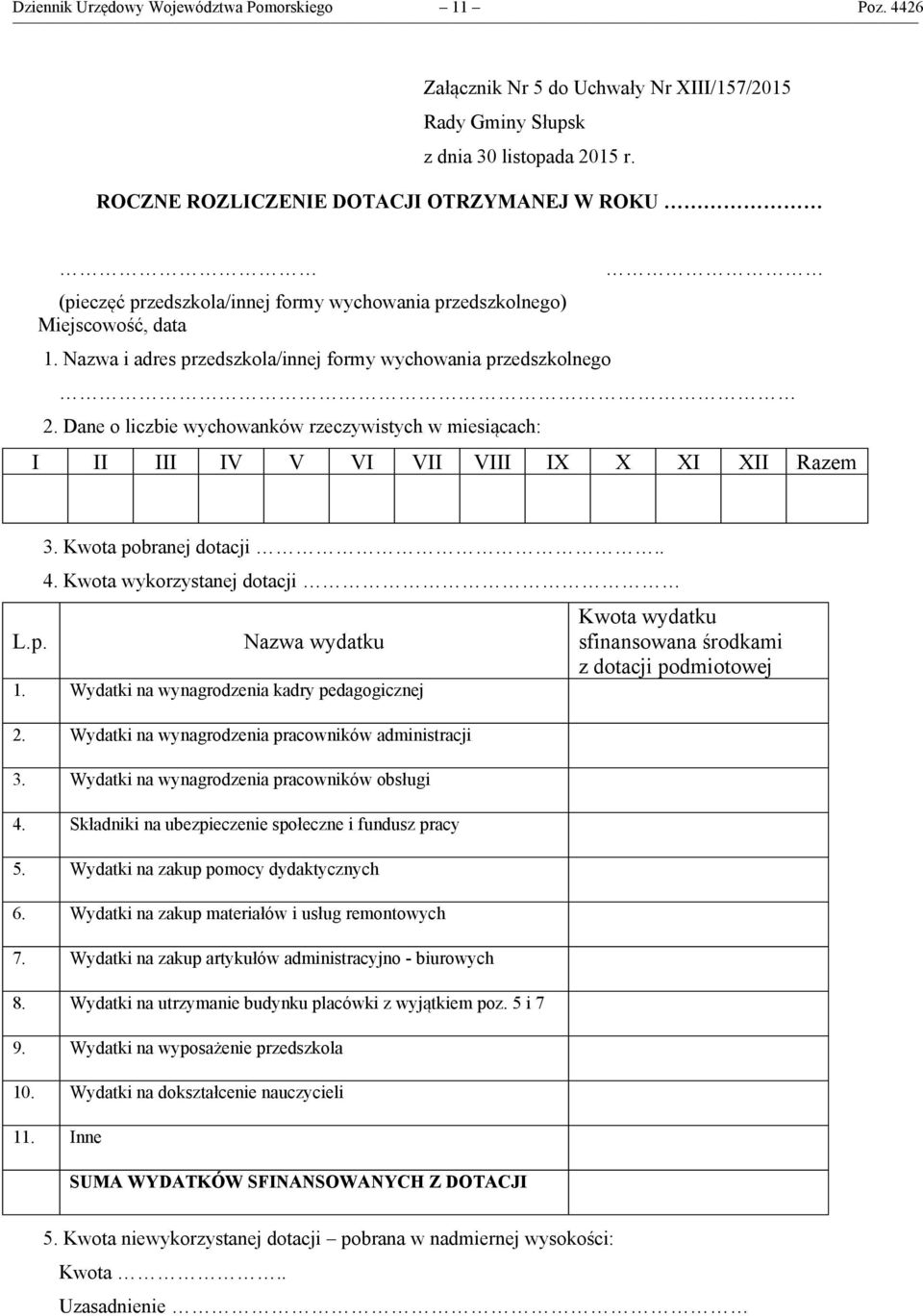 Dane o liczbie wychowanków rzeczywistych w miesiącach: I II III IV V VI VII VIII IX X XI XII Razem L.p. 3. Kwota pobranej dotacji.. 4. Kwota wykorzystanej dotacji Nazwa wydatku 1.