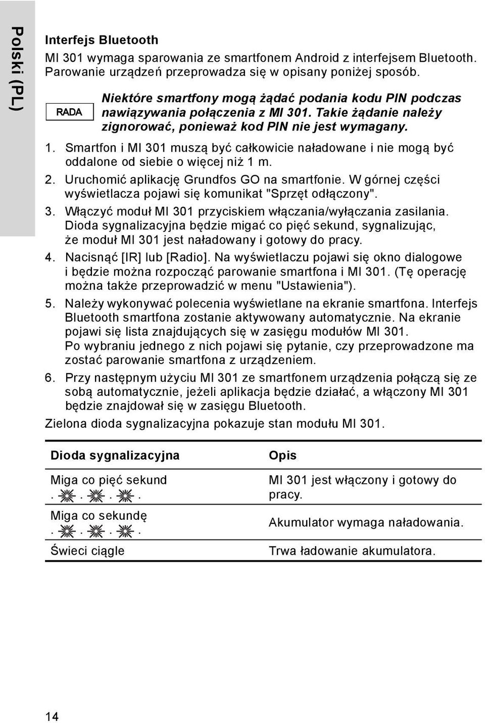 Smartfon i MI 301 muszą być całkowicie naładowane i nie mogą być oddalone od siebie o więcej niż 1 m. 2. Uruchomić aplikację Grundfos GO na smartfonie.