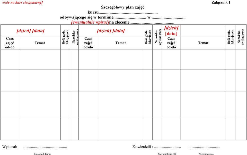 lekcyjnych Nazwisko wzór na kurs stacjonarny] Załącznik 1 Szczegółowy plan zajęć kursu.