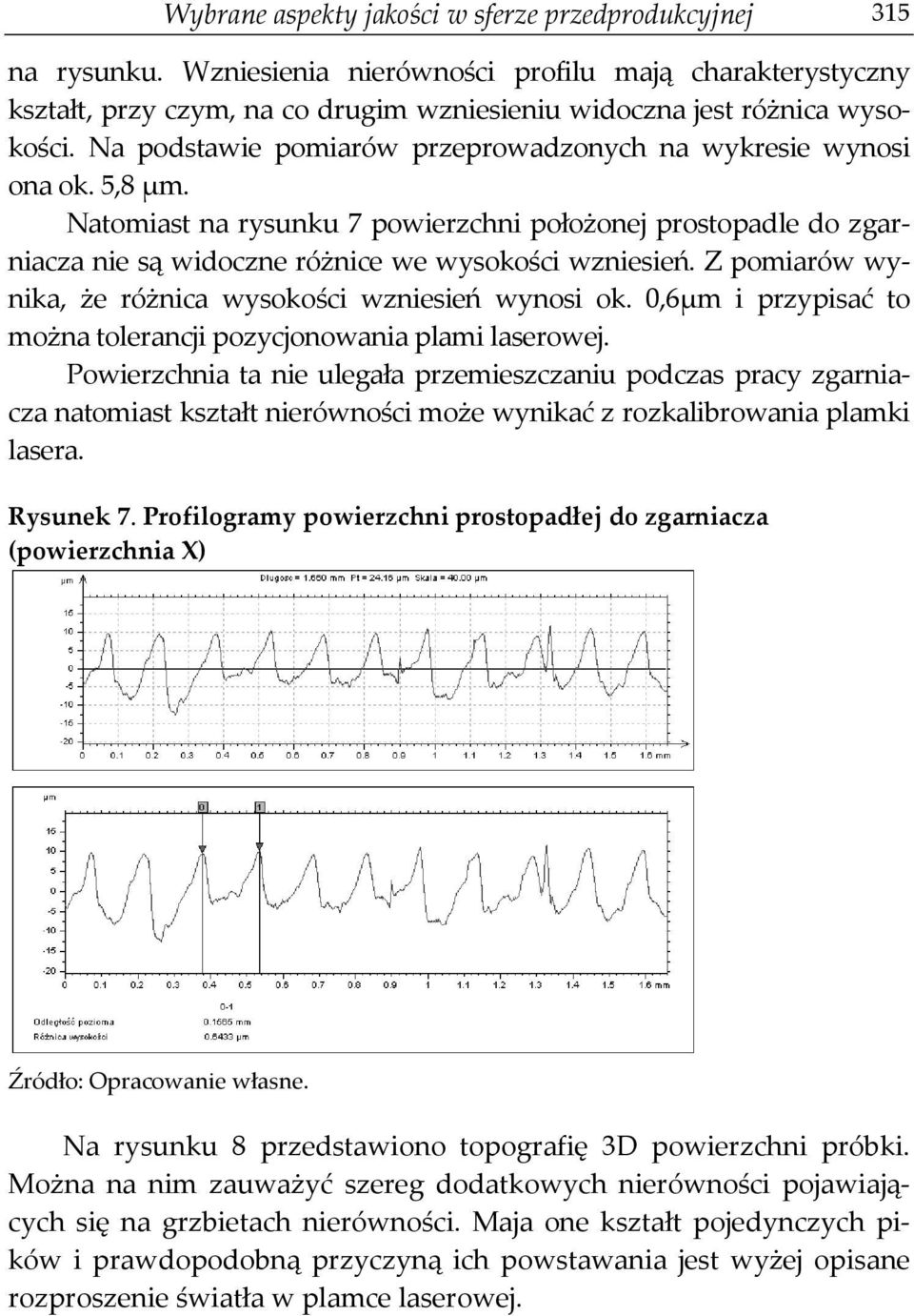Z pomiarów wynika, że różnica wysokości wzniesień wynosi ok. 0,6μm i przypisać to można tolerancji pozycjonowania plami laserowej.