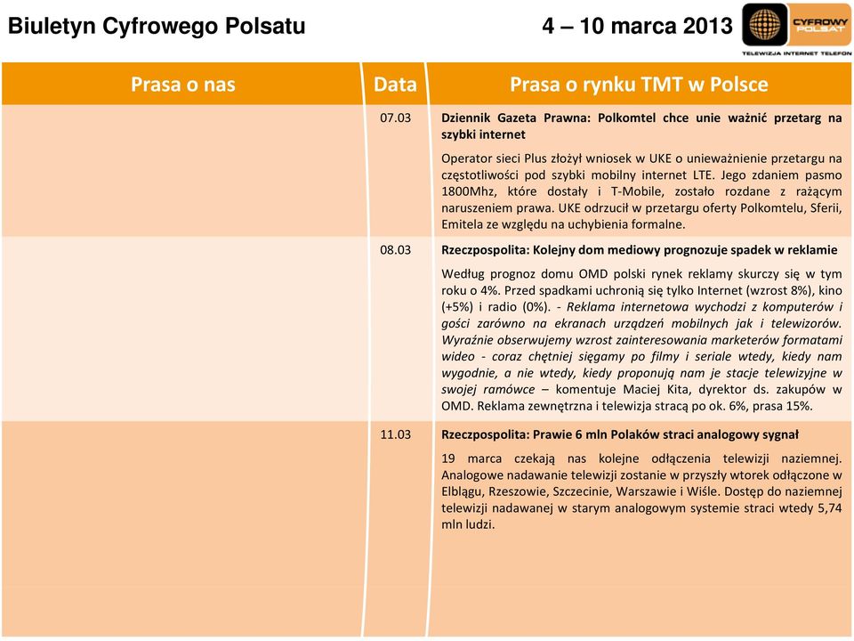 Jego zdaniem pasmo 1800Mhz, które dostały i T Mobile, zostało rozdane z rażącym naruszeniem prawa. UKE odrzucił w przetargu oferty Polkomtelu, Sferii, Emitelaze względu na uchybienia formalne. 08.