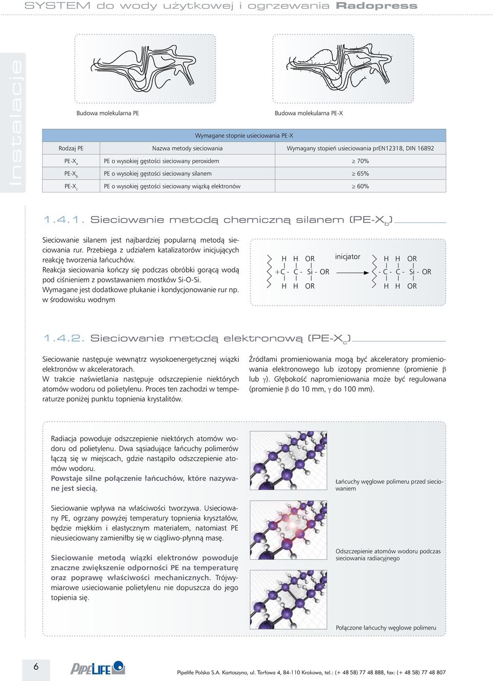 4.1. Sieciowanie metodą chemiczną silanem (PE-X b ) Sieciowanie silanem jest najbardziej popularną metodą sieciowania rur. Przebiega z udziałem katalizatorów inicjujących reakcję tworzenia łańcuchów.