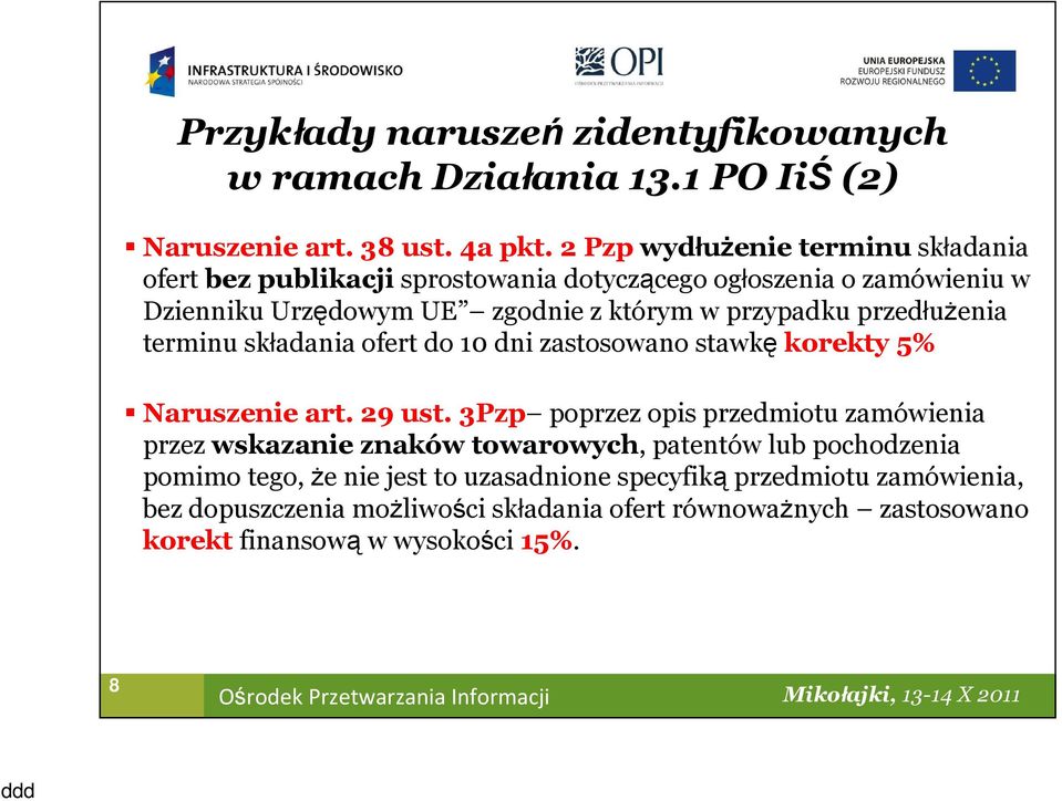 przedłużenia terminu składania ofert do 10 dni zastosowano stawkę korekty 5% Naruszenie art. 29 ust.