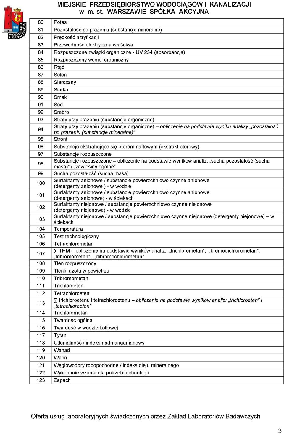 podstawie wyniku analizy pozostałość po prażeniu (substancje mineralne) 95 Stront 96 Substancje ekstrahujące się eterem naftowym (ekstrakt eterowy) 97 Substancje rozpuszczone 98 Substancje