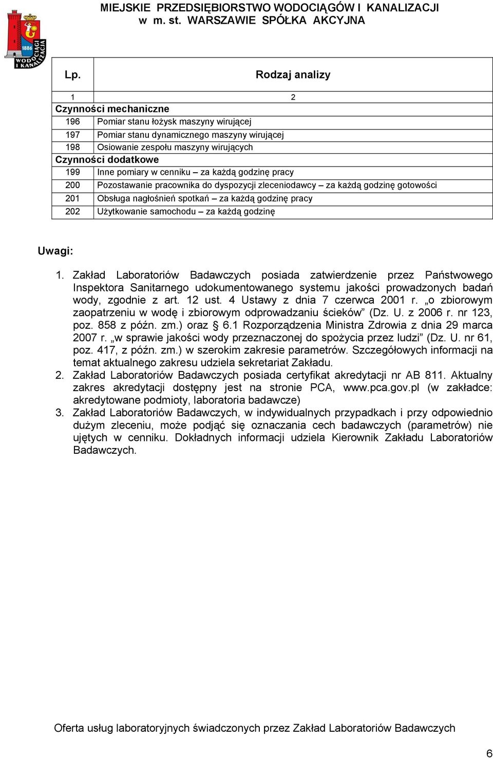 godzinę Uwagi: 1. Zakład Laboratoriów Badawczych posiada zatwierdzenie przez Państwowego Inspektora Sanitarnego udokumentowanego systemu jakości prowadzonych badań wody, zgodnie z art. 12 ust.