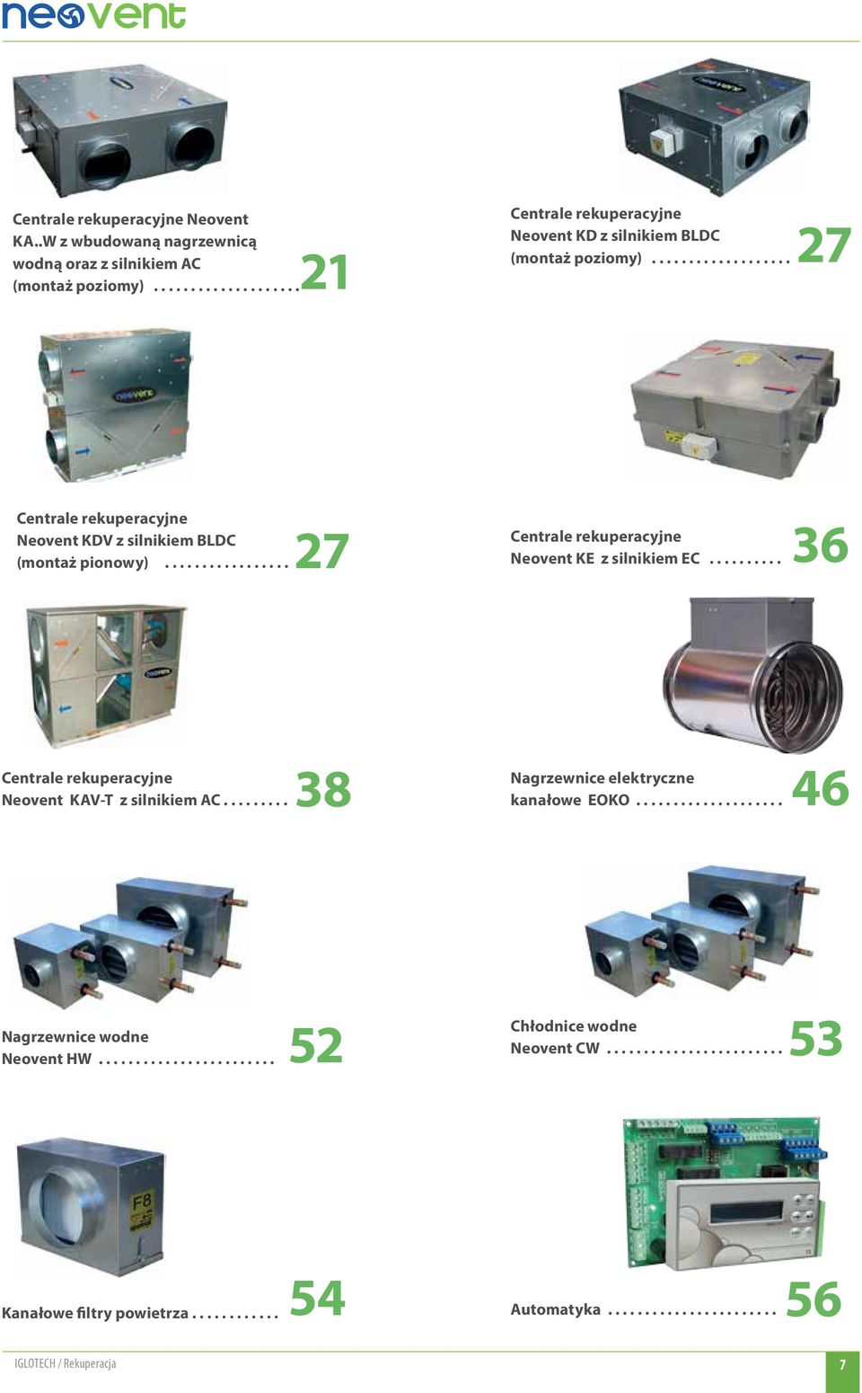 ......... 36 Centrale rekuperacyjne Neovent KAV-T z silnikiem AC......... 38 Nagrzewnice elektryczne kanałowe EOKO.................... 46 Nagrzewnice wodne Neovent HW.