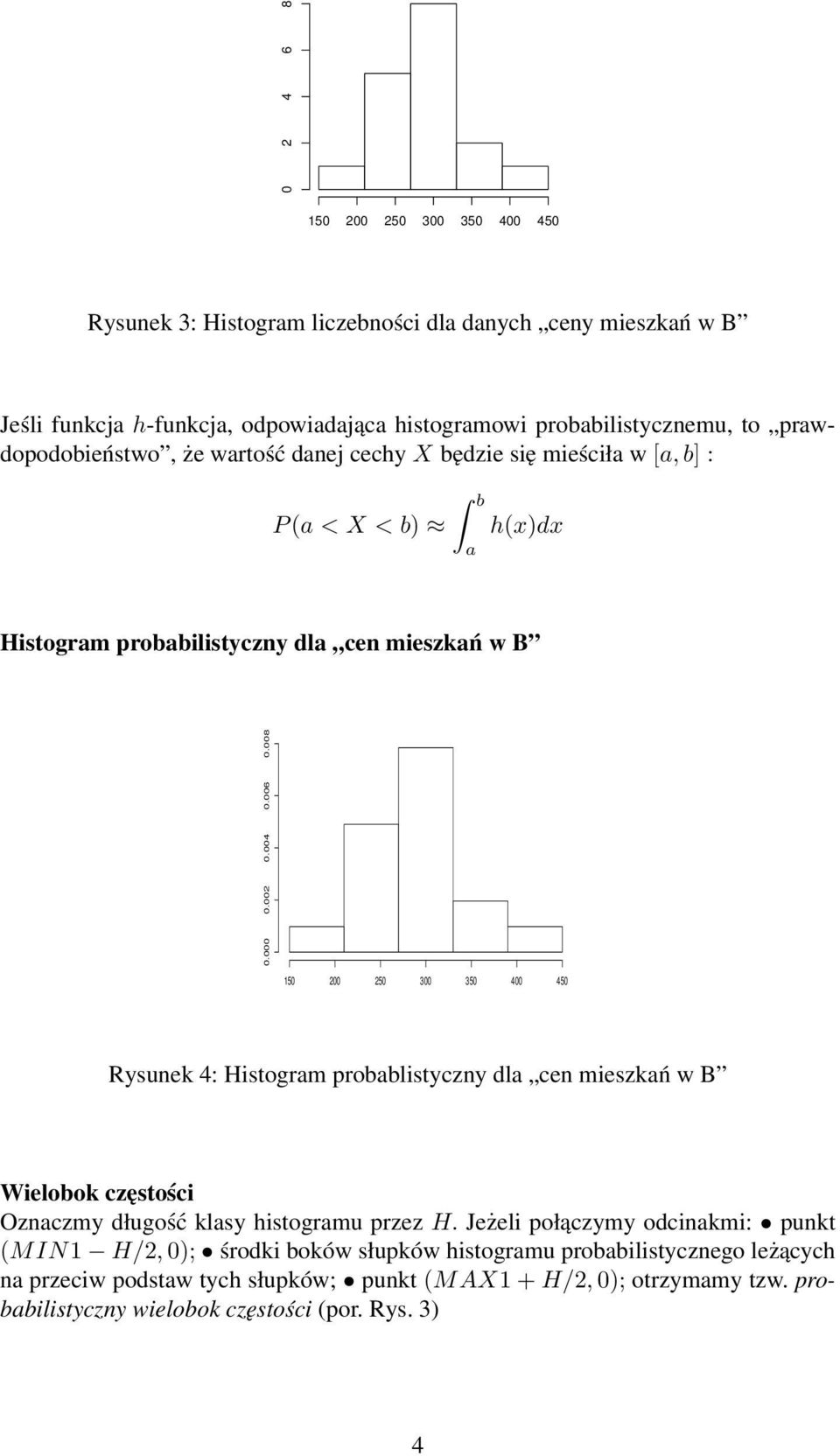 008 150 200 250 300 350 400 450 Rysunek 4: Histogram probablistyczny dla cen mieszkań w B Wielobok częstości Oznaczmy długość klasy histogramu przez H.