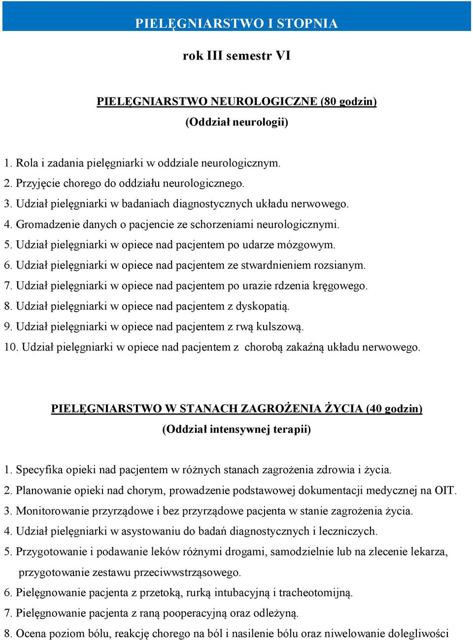 Udział pielęgniarki w opiece nad pacjentem po udarze mózgowym. 6. Udział pielęgniarki w opiece nad pacjentem ze stwardnieniem rozsianym. 7.