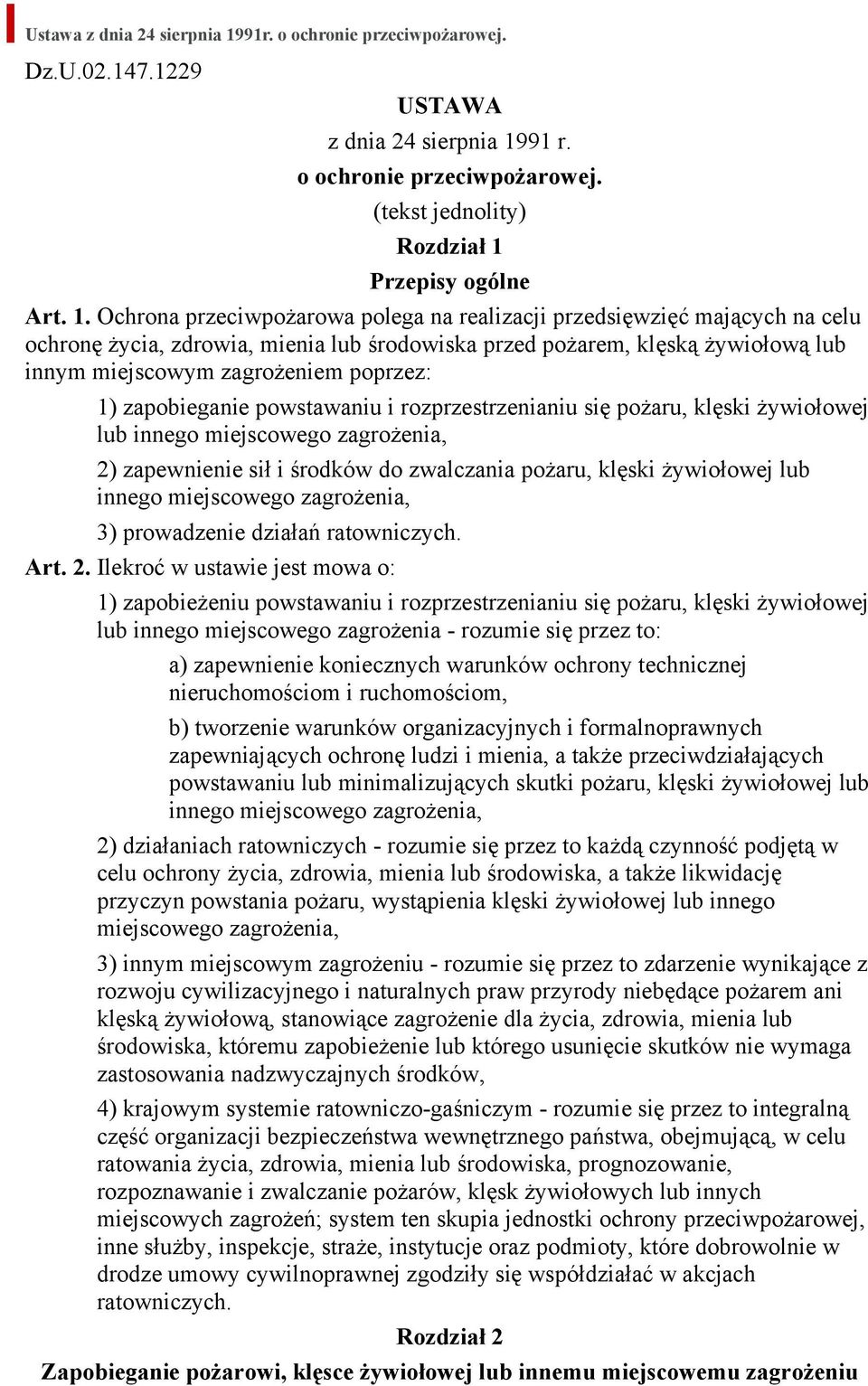 91 r. o ochronie przeciwpożarowej. (tekst jednolity) Rozdział 1 