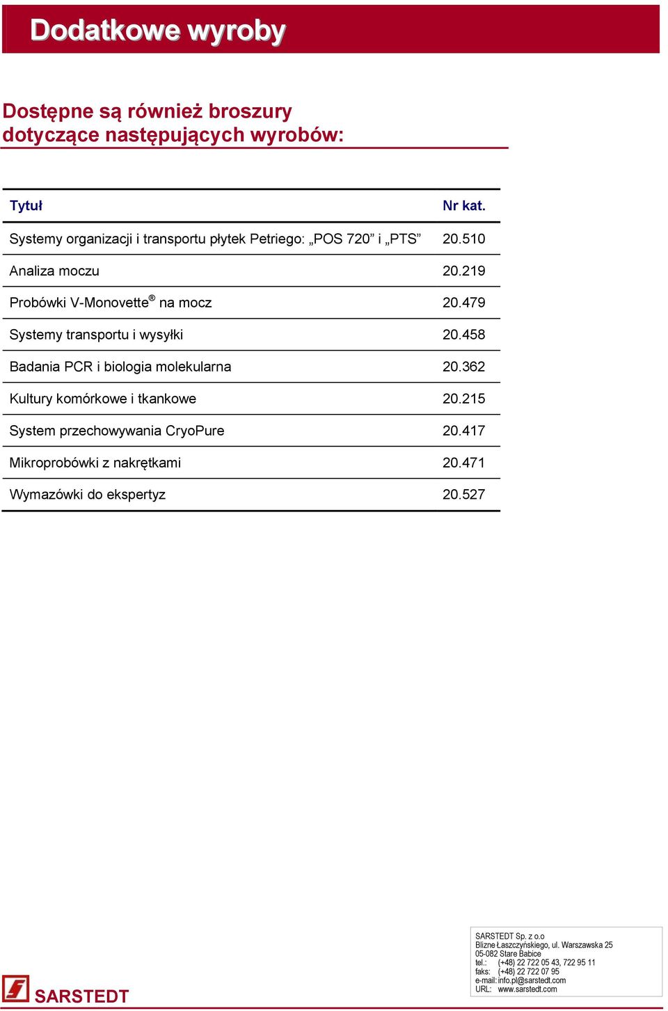 362 Kultury komórkowe i tkankowe 20.215 System przechowywania CryoPure 20.417 Mikroprobówki z nakrętkami 20.471 Wymazówki do ekspertyz 20.527 Sp. z o.