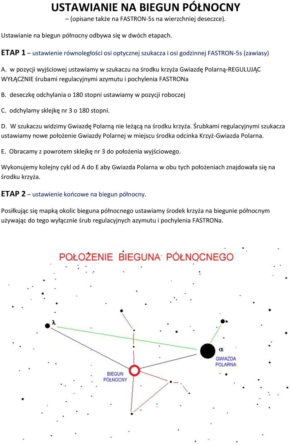 w pozycji wyjściowej ustawiamy w szukaczu na środku krzyża Gwiazdę Polarną-REGULUJĄC WYŁĄCZNIE śrubami regulacyjnymi azymutu i pochylenia FASTRONa B.