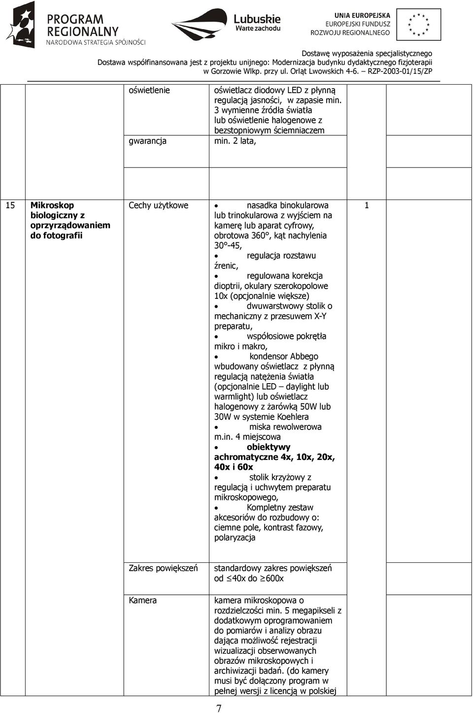 regulacja rozstawu źrenic, regulowana korekcja dioptrii, okulary szerokopolowe 0x (opcjonalnie większe) dwuwarstwowy stolik o mechaniczny z przesuwem X-Y preparatu, współosiowe pokrętła mikro i