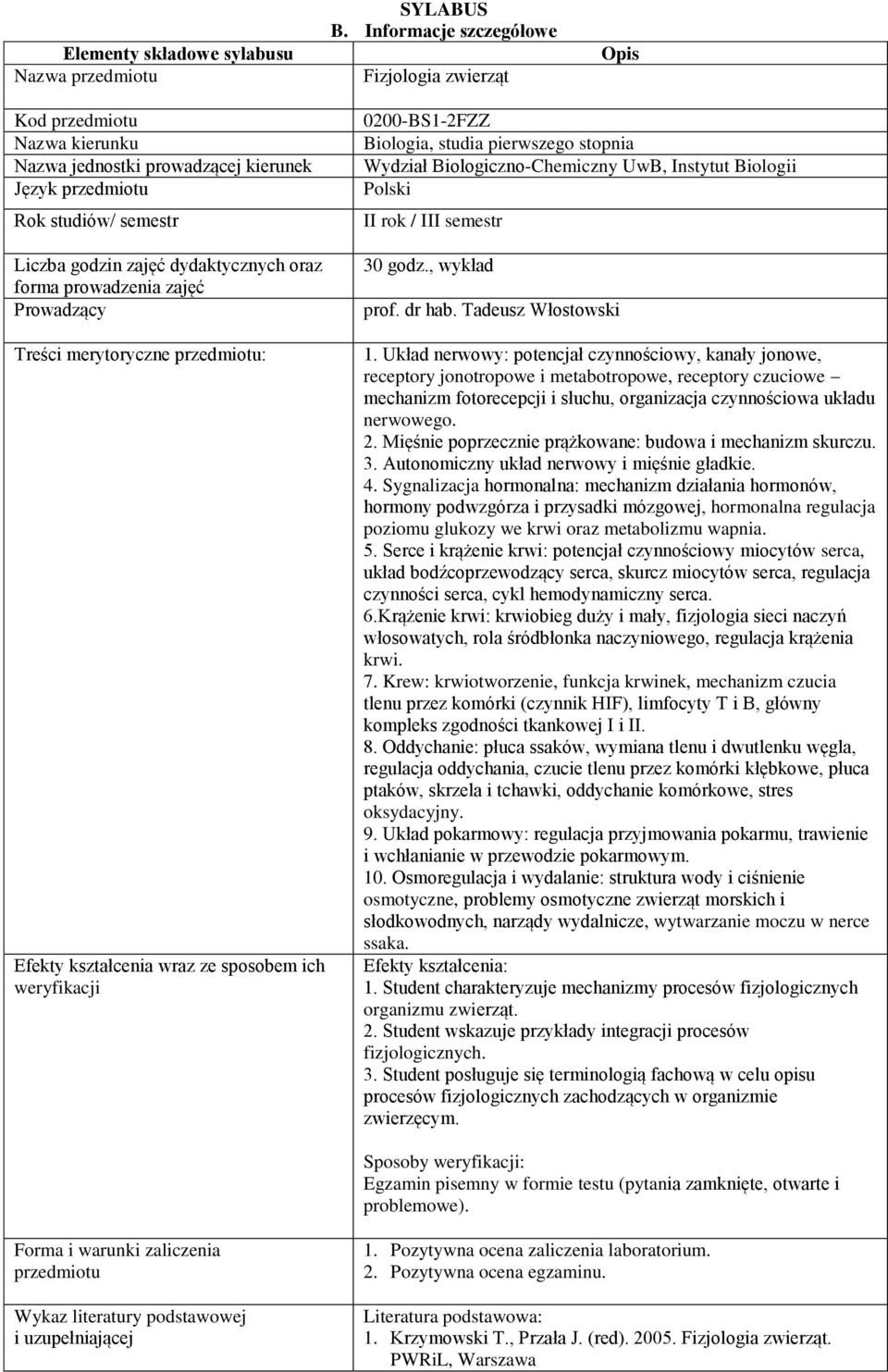 prowadzenia zajęć Prowadzący Treści merytoryczne przedmiotu: Efekty kształcenia wraz ze sposobem ich weryfikacji 0200-BS1-2FZZ Biologia, studia pierwszego stopnia Wydział Biologiczno-Chemiczny UwB,