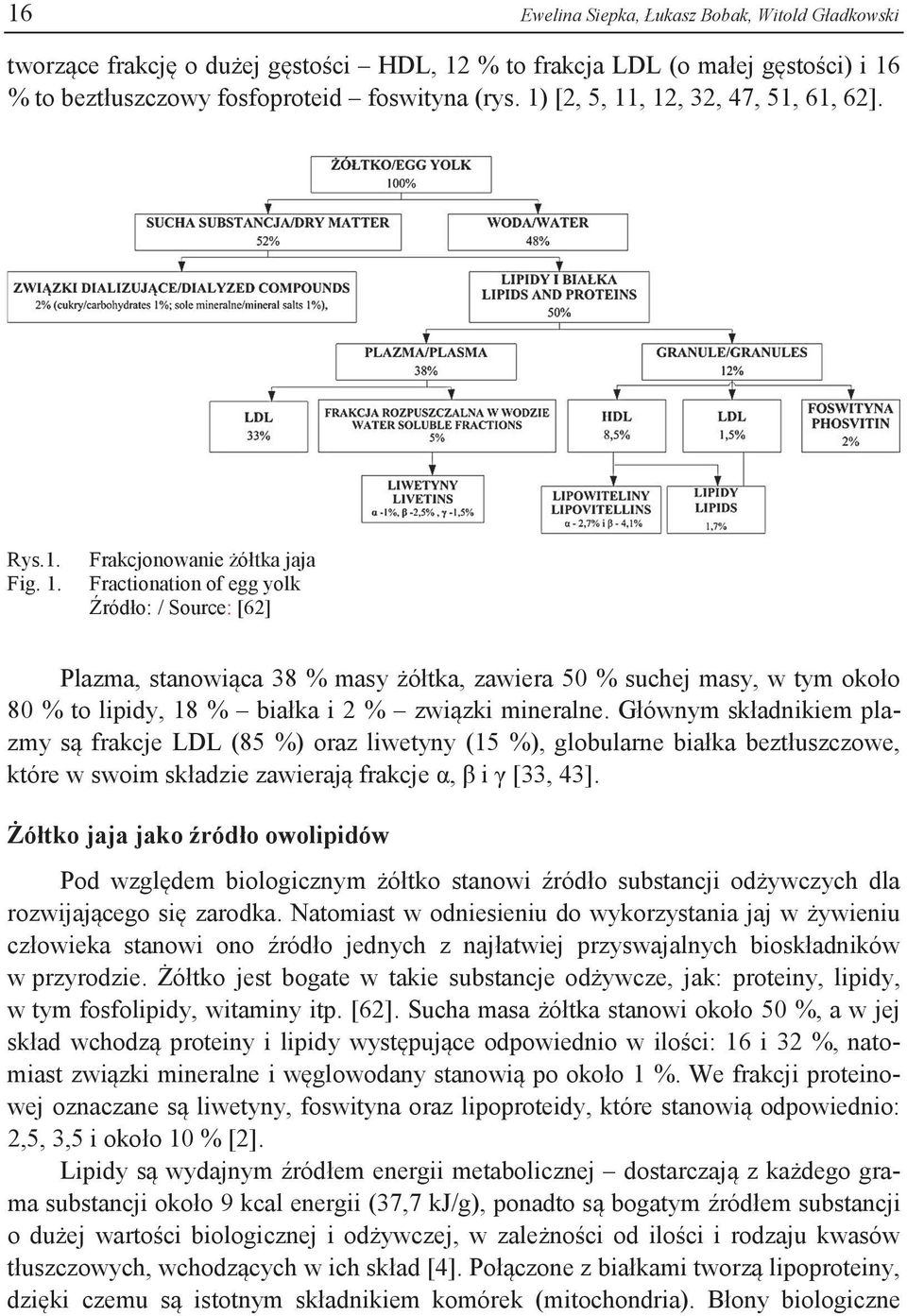 , 12, 32, 47, 51, 61, 62]. Rys.1. Fig. 1. Frakcjonowanie żółtka jaja Fractionation of egg yolk Źródło: / Source: [62] Plazma, stanowiąca 38 % masy żółtka, zawiera 50 % suchej masy, w tym około 80 %