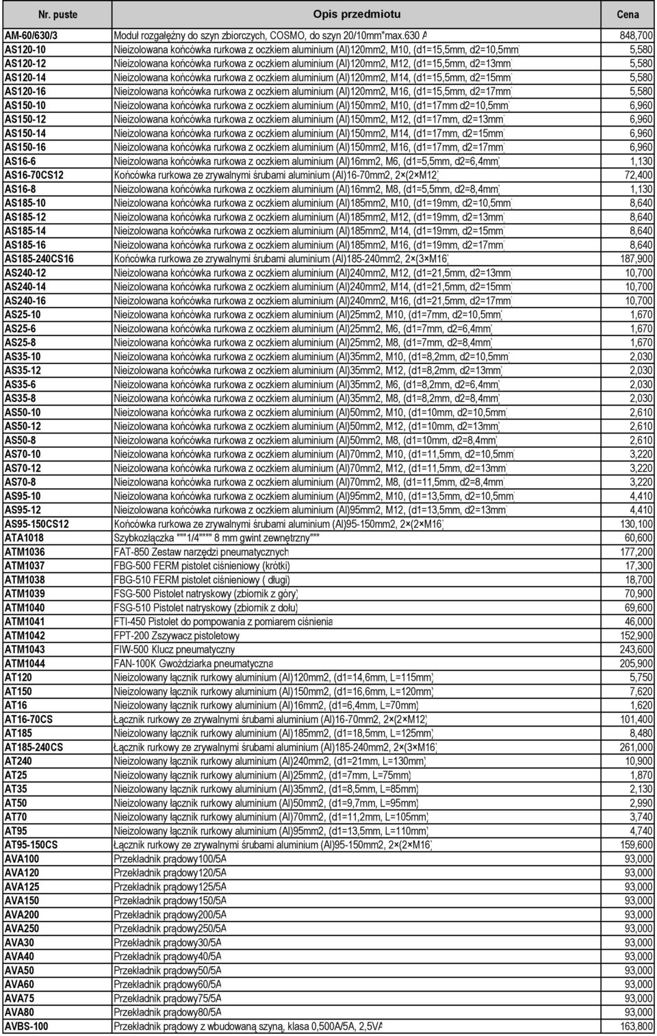 (d1=15,5mm, d2=13mm) 5,580 AS120-14 Nieizolowana końcówka rurkowa z oczkiem aluminium (Al)120mm2, M14, (d1=15,5mm, d2=15mm) 5,580 AS120-16 Nieizolowana końcówka rurkowa z oczkiem aluminium