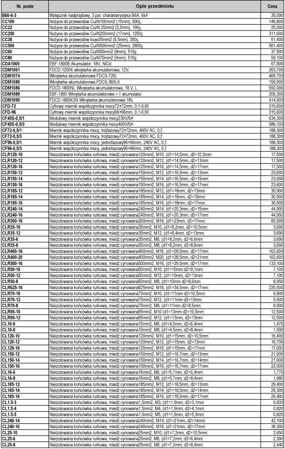 561,400 CC60 Nożyce do przewodów Cu/Al50mm2 (8mm), 510g 37,900 CC80 Nożyce do przewodów Cu/Al70mm2 (9mm), 510g 59,100 CDA1069 EBF-1800B Akumulator, 18V, NiCd 67,800 CDM1061 FDCD-1200K wkrętarka