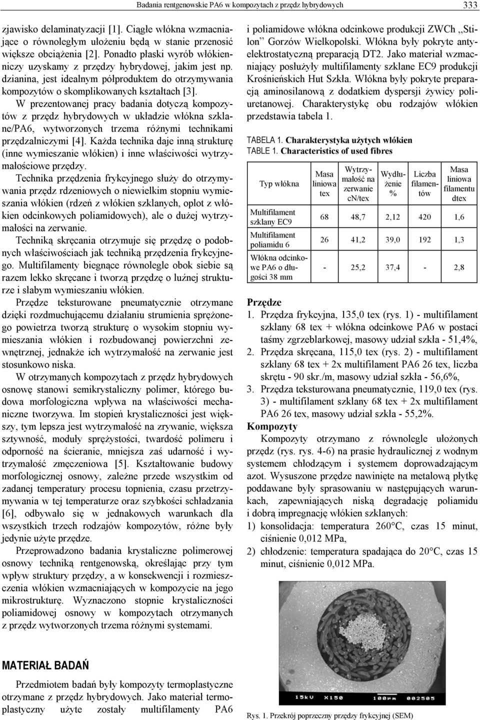 W prezentowanej pracy badania dotyczą kompozytów z przędz hybrydowych w układzie włókna szklane/pa6, wytworzonych trzema różnymi technikami przędzalniczymi [4].