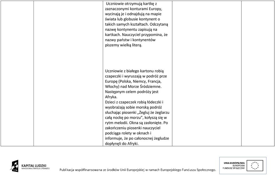 Uczniowie z białego kartonu robią czapeczki i wyruszają w podróż prze Europę (Polska, Niemcy, Francja, Włochy) nad Morze Śródziemne. Następnym celem podróży jest Afryka.