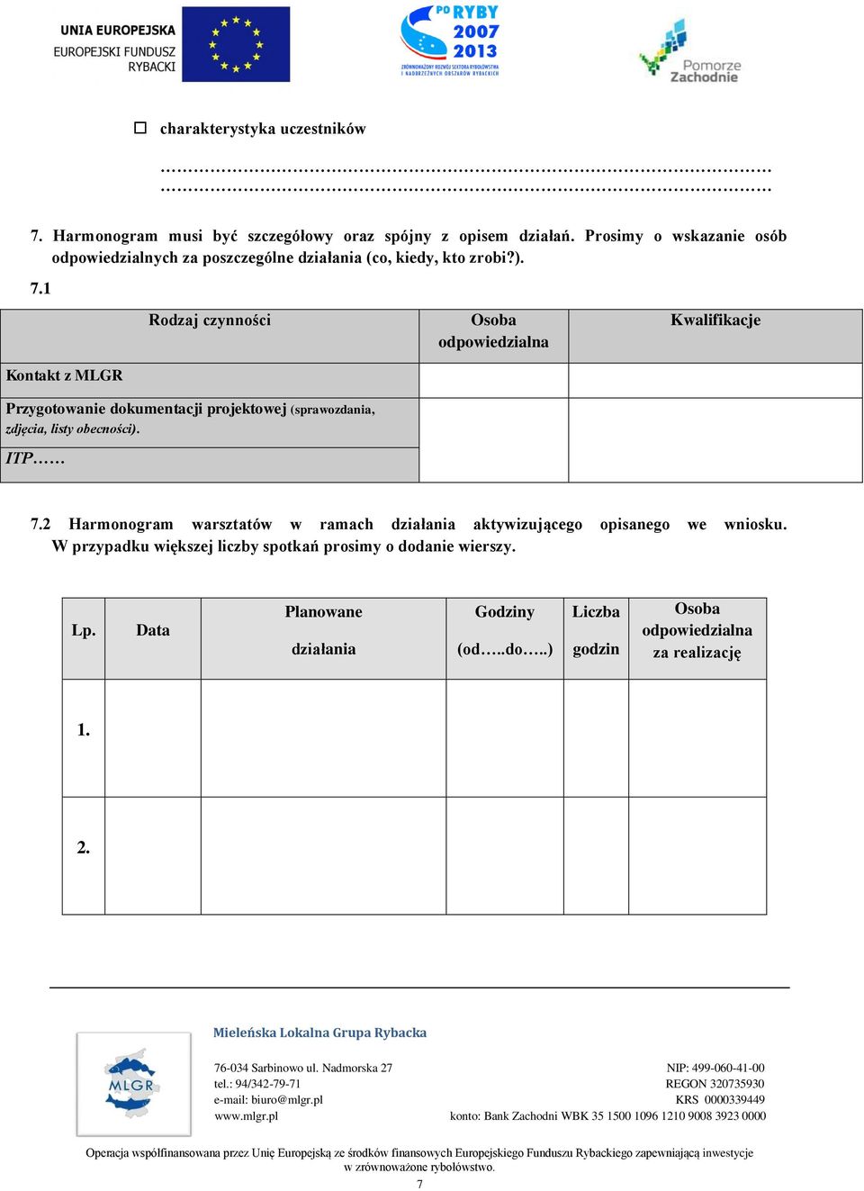 1 Rodzaj czynności Osoba odpowiedzialna Kwalifikacje Kontakt z MLGR Przygotowanie dokumentacji projektowej (sprawozdania, zdjęcia, listy obecności).