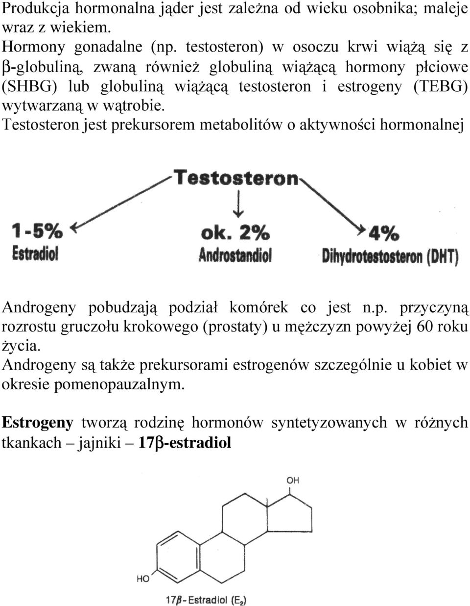 wytwarzaną w wątrobie. Testosteron jest prekursorem metabolitów o aktywności hormonalnej Androgeny pobudzają podział komórek co jest n.p. przyczyną rozrostu gruczołu krokowego (prostaty) u mężczyzn powyżej 60 roku życia.