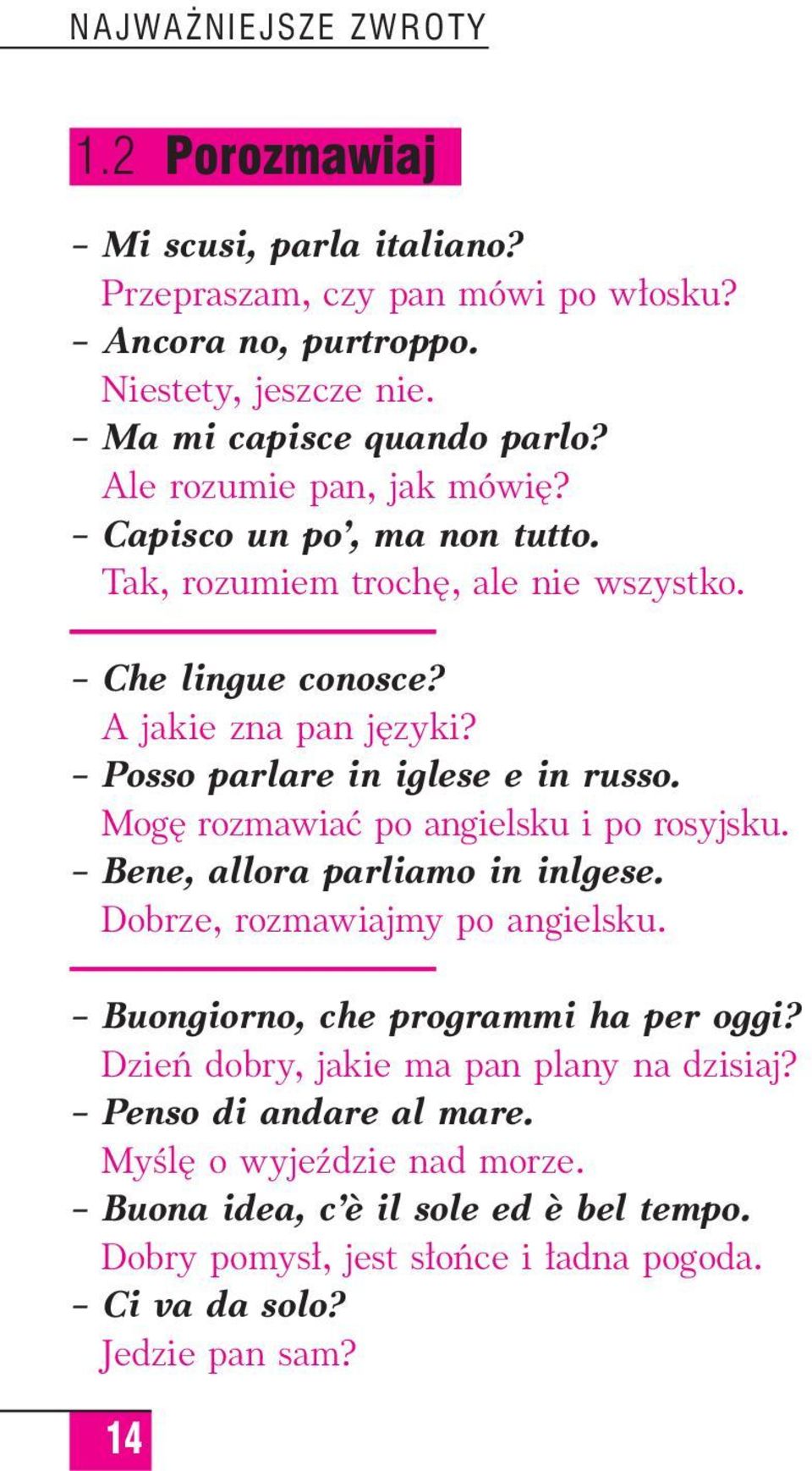 Mog rozmawiaç po angielsku i po rosyjsku. Bene, allora parliamo in inlgese. Dobrze, rozmawiajmy po angielsku. Buongiorno, che programmi ha per oggi?