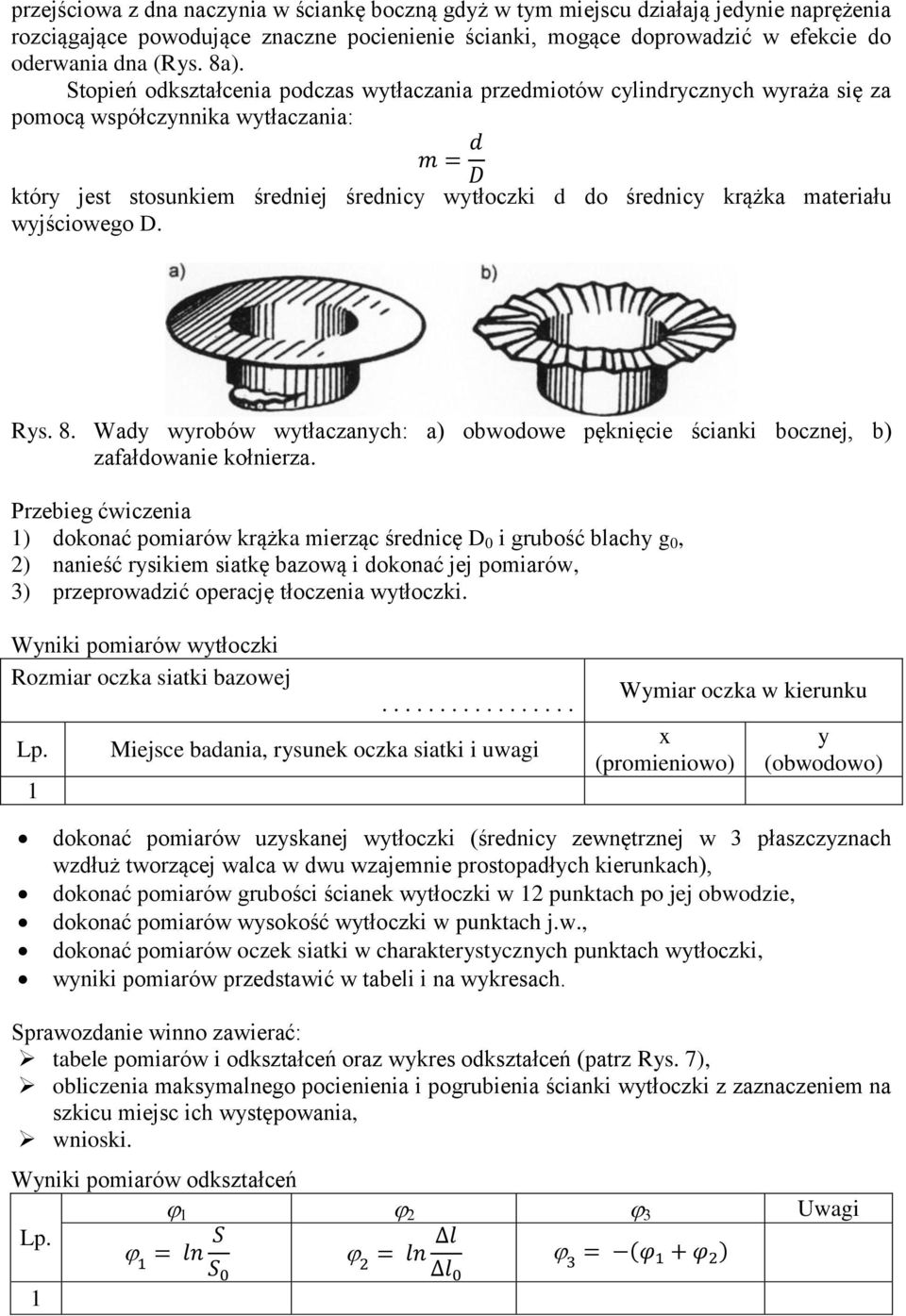 wyjściowego D. Rys. 8. Wady wyrobów wytłaczanych: a) obwodowe pęknięcie ścianki bocznej, b) zafałdowanie kołnierza.