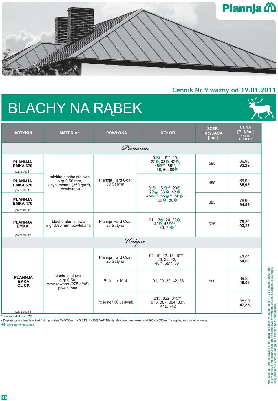 85,98 76,90 94,59 PLANNJA EMKA blacha aluiniwa gr 0,80, Plannja Hard Cat 5 Satyna 01, 13, 0,, 4, 45 **, 60, 70 535 75,80 93,3 patrz str.