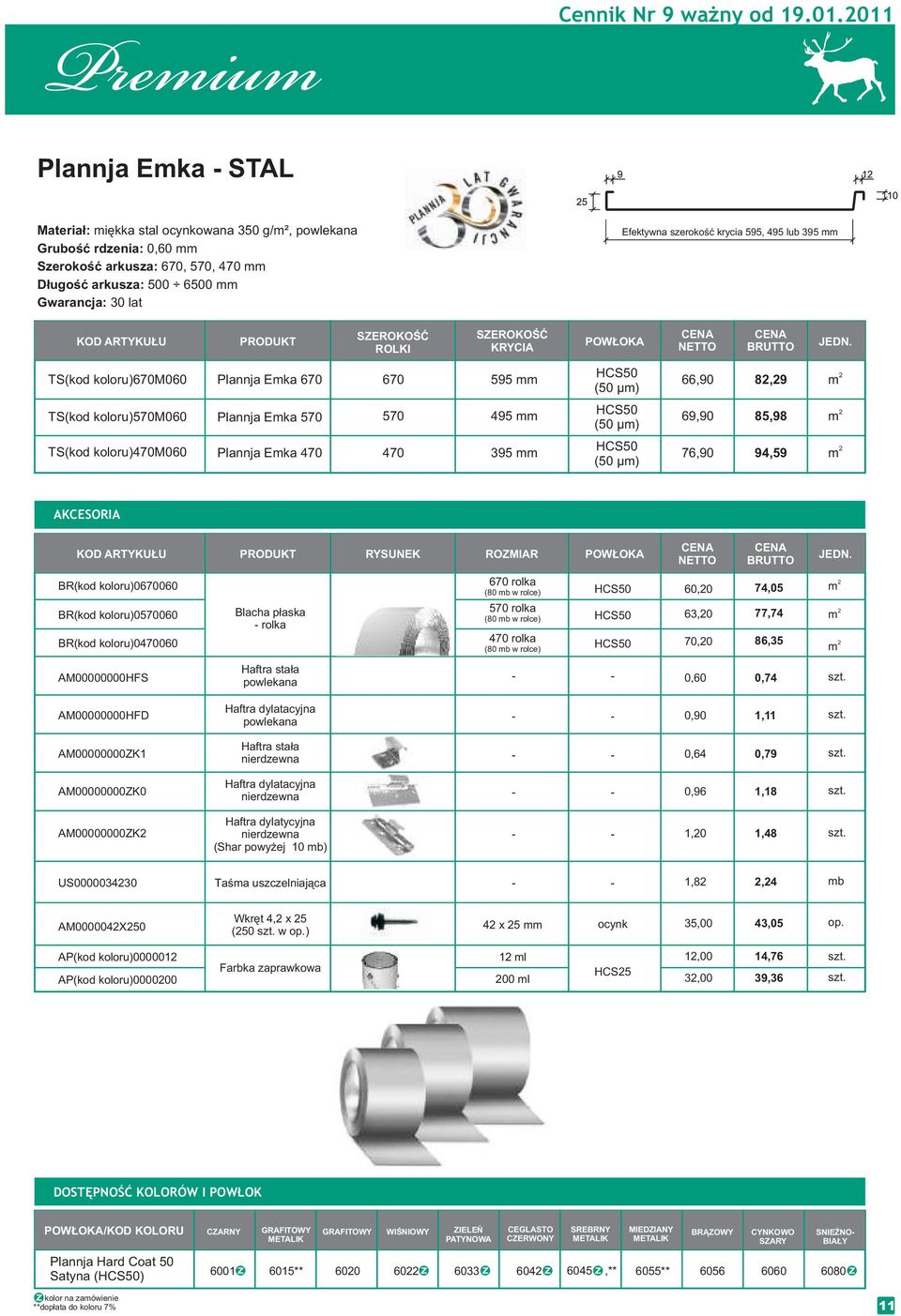 KOD ARTYKUŁU PRODUKT SZEROKOŚĆ ROLKI SZEROKOŚĆ KRYCIA POWŁOKA TS(kd klru)670m060 Plannja Eka 670 670 595 HCS50 (50 µ) 66,90 8,9 TS(kd klru)570m060 Plannja Eka 570 570 495 HCS50 (50 µ) 69,90 85,98