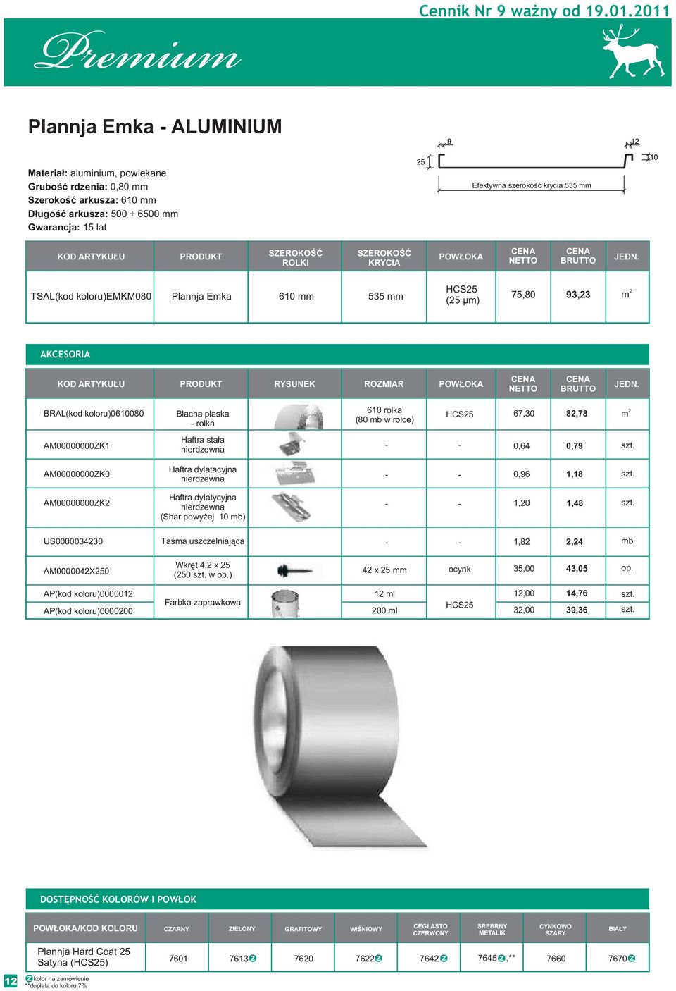 ROLKI SZEROKOŚĆ KRYCIA POWŁOKA TSAL(kd klru)emkm080 Plannja Eka 610 535 HCS5 (5 µ) 75,80 93,3 AKCESORIA KOD ARTYKUŁU PRODUKT RYSUNEK ROZMIAR POWŁOKA BRAL(kd klru)0610080 Blacha płaska rlka 610 rlka