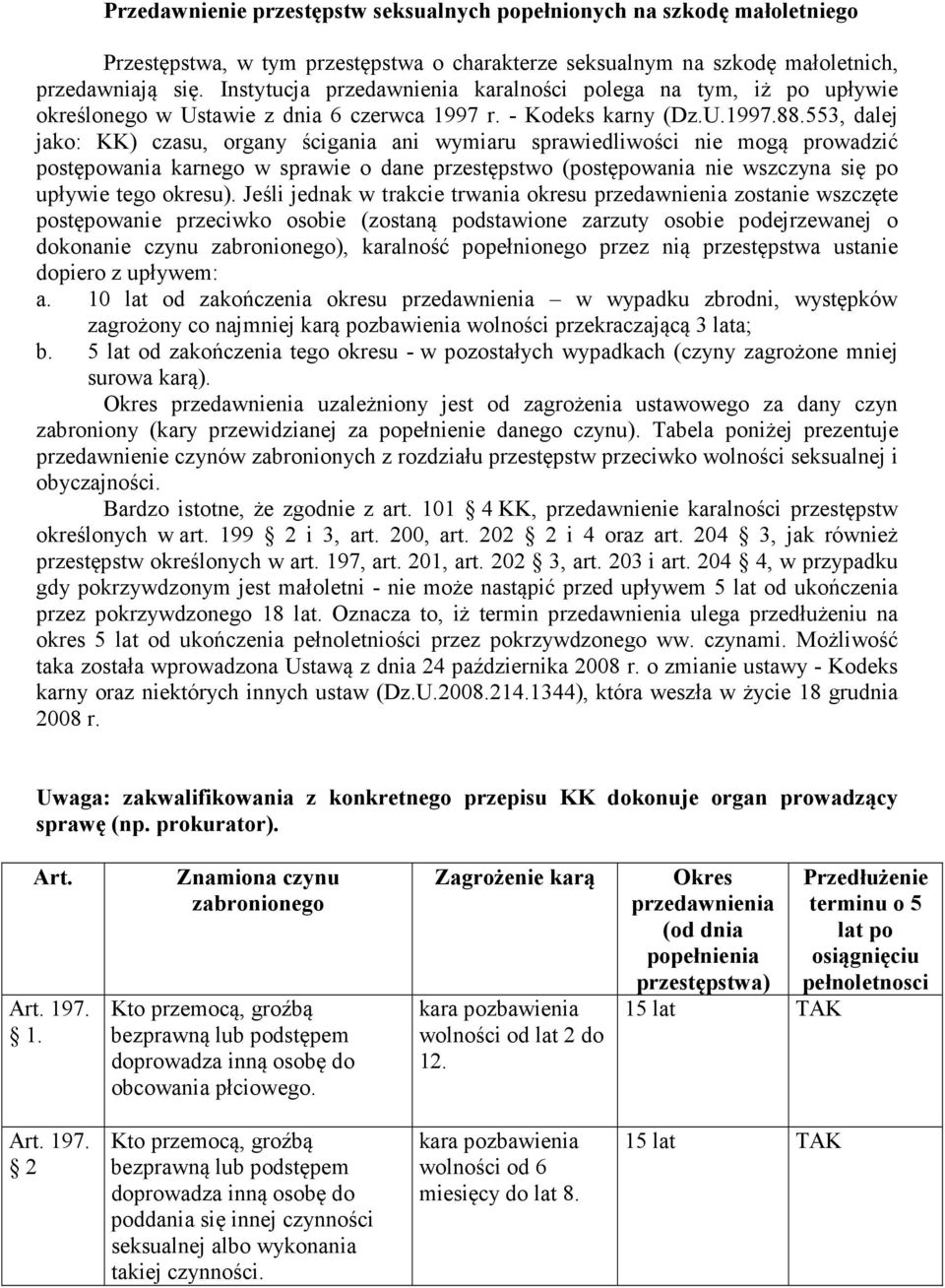 553, dalej jako: KK) czasu, organy ścigania ani wymiaru sprawiedliwości nie mogą prowadzić postępowania karnego w sprawie o dane przestępstwo (postępowania nie wszczyna się po upływie tego okresu).