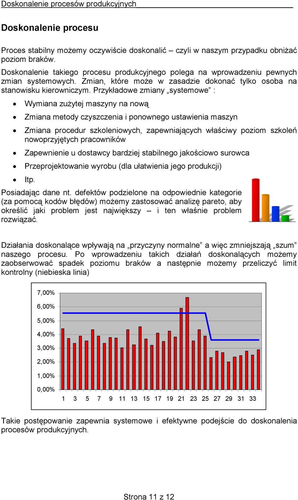 Przykładowe zmiany systemowe : Wymiana zużytej maszyny na nową Zmiana metody czyszczenia i ponownego ustawienia maszyn Zmiana procedur szkoleniowych, zapewniających właściwy poziom szkoleń