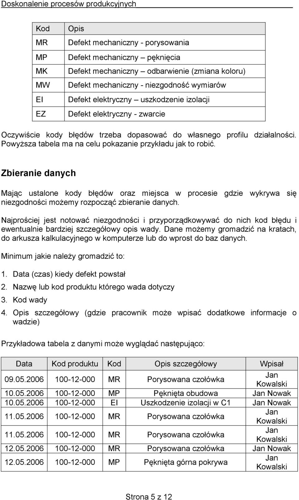 Zbieranie danych Mając ustalone kody błędów oraz miejsca w procesie gdzie wykrywa się niezgodności możemy rozpocząć zbieranie danych.