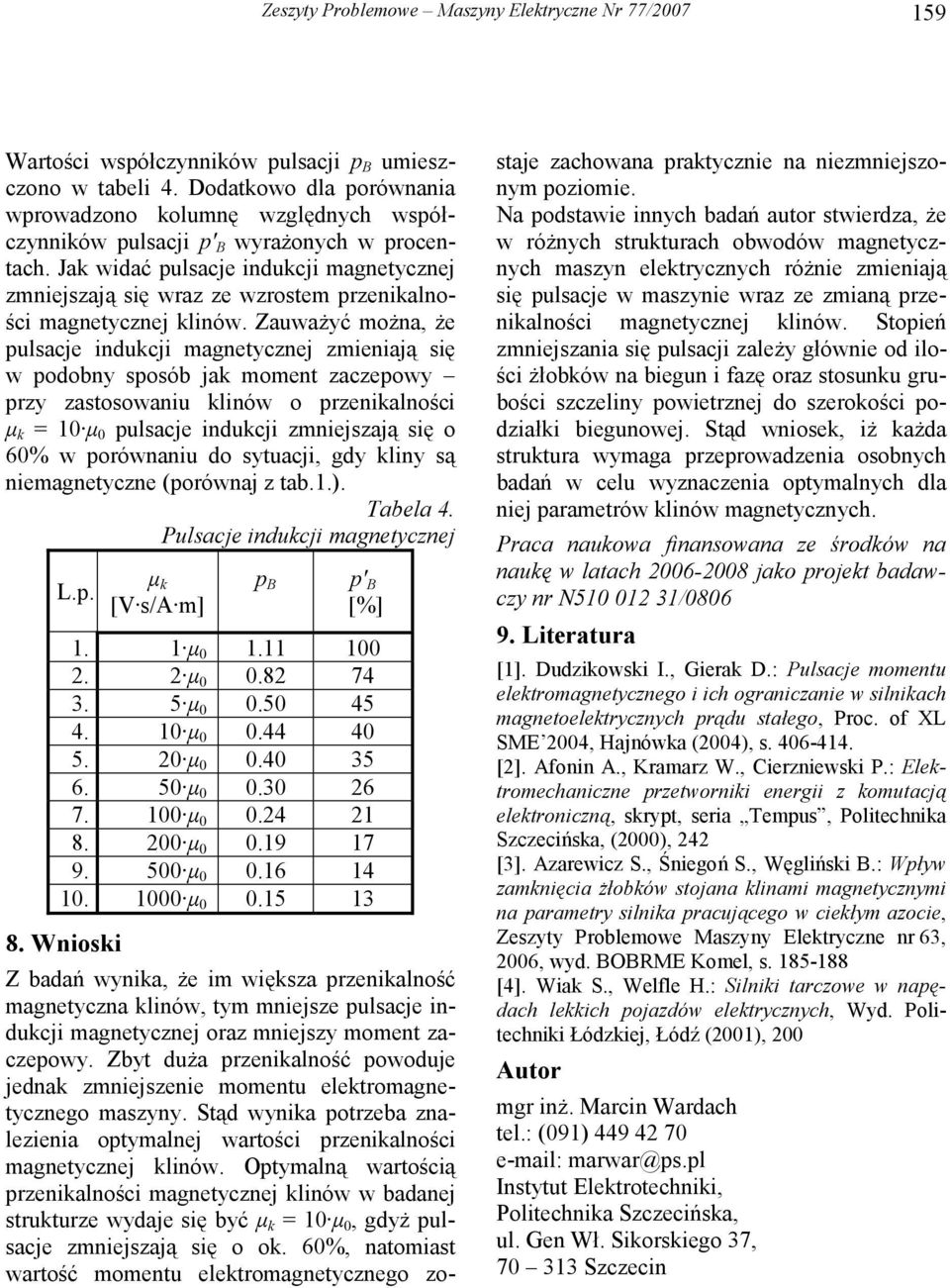 Jak widać pulsacje indukcji magnetycznej zmniejszają się wraz ze wzrostem przenikalności magnetycznej klinów.